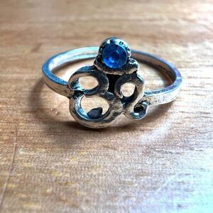 Om Symbol Ring with Blue Gem, Distressed Silver Toned Ring, Women’s Size: 7.75